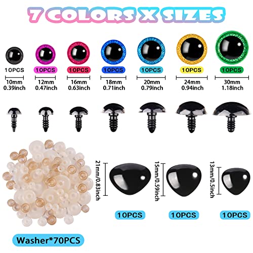 Ferenala 100Pcs 10-30Mm Safety Eyes And Noses Large Plastic Craft Crochet Eyes Glitter Doll Eyes With Washers For Plush Animals Stuffed Animals Diy Puppet Bear Toy Doll Making Supplies (Multicolor) #TOP2