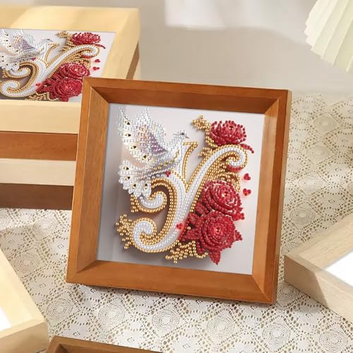 Image of AiYuanzsh 5D Diamond Art Kits for Adults Letter Y, Youthful Floral Rose & Dove Special Shape Diamond Painting, Initial Diamond Art for Adults DIY Crystal Rhinestones Wall Decoration 17x17cm