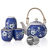 Taimei Teatime Blue Ceramic Tea Set, 25-oz Teapot with Infuser and 4 Tea Cup Set in Japanese Style with Handpainted Plum Blossom Pattern, Teapot Set Gift for Women