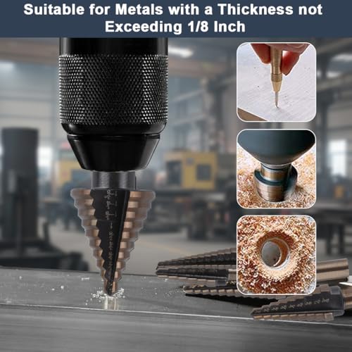 Image of Serplex 6-Piece Titanium Step Drill Bit Set with Automatic Center Punch, Multi-Size Spiral Groove Unibit Kit for Metal, Wood, High-Speed Steel Cone Drill Bits with Aluminum Storage Case