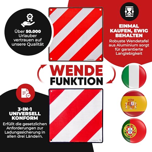 MATADORES Premium 3in1 Warntafel für Italien UND Spanien + Portugal | + Tasche + 4 Spanngurte | Aluminium, 50x50cm, reflektierend | Für Fahrradträger/Heckträger