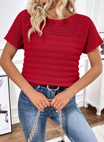 Image of SHEWIN Womens Sweaters Crew Neck Short Sleeve Shirts Summer Tops Knit Hollow Out T Shirts Sweater Blouses