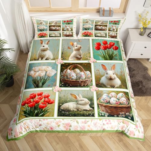 Easter Rabbit Duvet Cover Set Toddler,Pink Blossom Flower Bedding Set for Kids Boys Girls Room Decor,Happy Easter Cute Bunny Comforter Cover 2Pcs,Easter Plaid Patchwork Bedspreads Cover,1 Pillowcase
