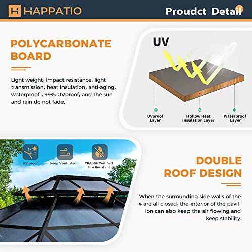 HAPPATIO Hardtop Gazebo, 10\'x 12\' Polycarbonate Double Roof Aluminum Furniture Gazebo, Outdoor Canopy with Netting and Curtains for Backyard, Patio, Parties, Lawns (Gray) - Thumbnail 2