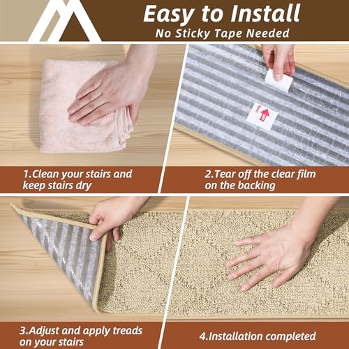 Image of COSY HOMEER Stair Treads for Wooden Steps 9 inchx28 inch,Washable Non Slip Carpet Stair Treads with Reusable Residue Free Backing Soft Peel and Stick Stair Runner Rugs for Kids Elders Pets,Warm Beige,4pcs