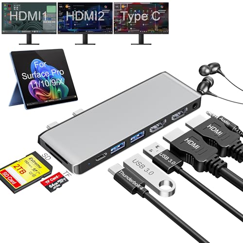 Surface Pro 9/10/11/X Docking Station, Quad Display Surface pro 11 USB Hub with Dual 4K@60Hz HDMI, USB-C (4K@60Hz Video+40Gbps Data+100W Charge), 2 USB3.0, SD/TF, 3.5mm Mic for Surface Pro 11/10/9/X