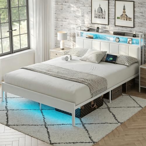 Image of Queen Size Bed Frame with Upholstered Headboard and 2-Tier Storage Shelves | Metal / Charging Station / LED Lights / Under Bed Storage / Non-slip / Noise Free / No Box Spring Needed / White