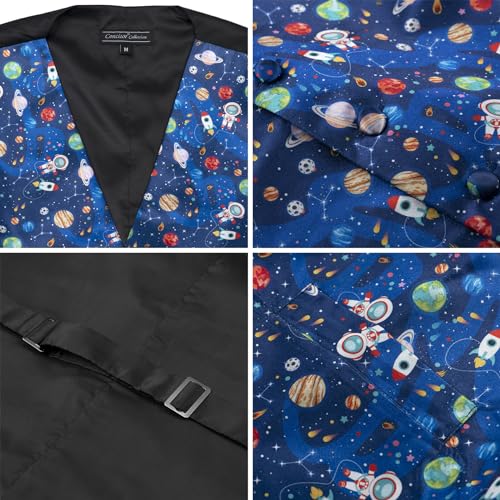 Men's Dress Vest SPACE Planets Pattern Design Navy Blue Solar System Astronaut Stars Mens Bow TIe Hanky Set4