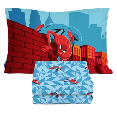 Image of Sunny Side Up Kids Sheet Set Includes Sheets and Pillow Cover - 100% Microfiber Bedding and Room Decor, Blue - Spiderman, 3 Piece Twin