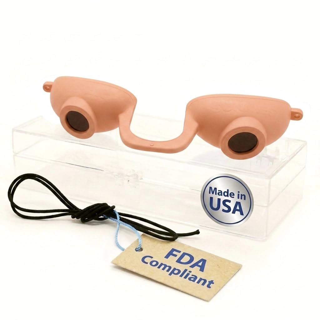 Super Sunnies EVO Flex Tanning Goggles - FDA Compliant UV Tanning Bed Goggles - Allows Visibility - Clear Case/Box (Peach)