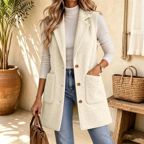 Women's Sherpa Fleece Hooded Vest Long Sleeveless Button Down Warmth Jacket - image 2