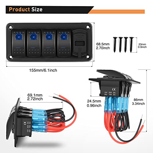 Gooacc 4 Gang Rocker Switch Panel Blue Backlit With 4.8 Amp Dual Usb Charger Voltmeter Waterproof 12V 24V Dc Rocker Switch With Night Glow Stickers For Car Trucks Boats Rvs,2 Years Warranty #TOP6