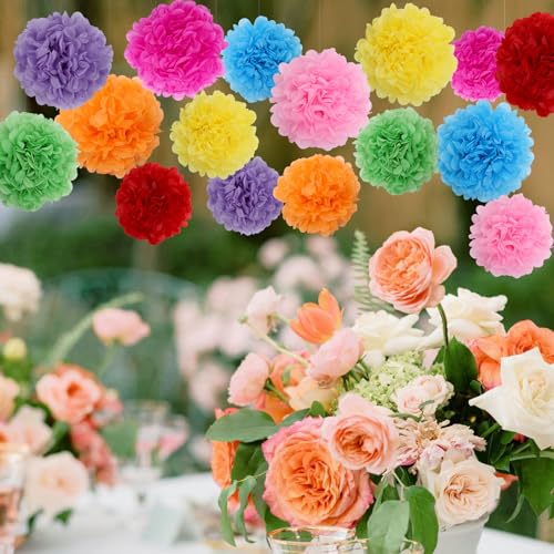 Image of BestoFun 16PCS Mexico Party Decorations Tissue Paper Flowers Pom Poms - Vibrant Multicolor Decorations for Fiesta, Cinco de Mayo, Birthday, and Mexican Themed Parties