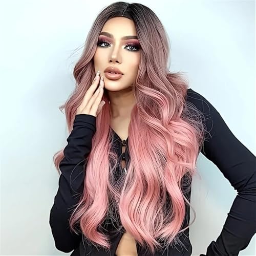 Perruque synthétique mi-longue bouclée noire dégradée rose pour cosplay - 6