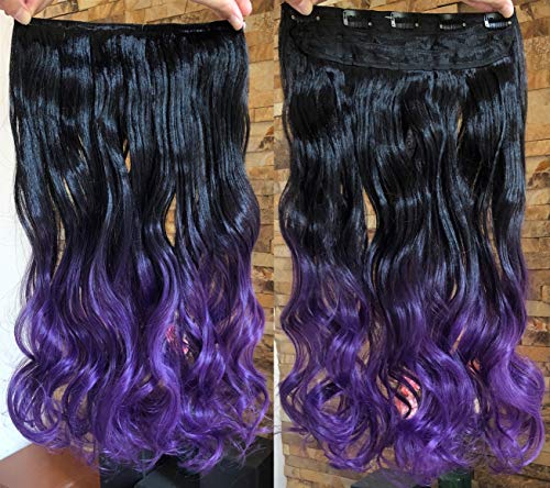 Black Wavy Clip In Hair Extensions 20" Long Thick One Piece Purple Ombre Curly Hairpiece For Women Girl (20 Inch Wavy, Black To Purple) #TOP2
