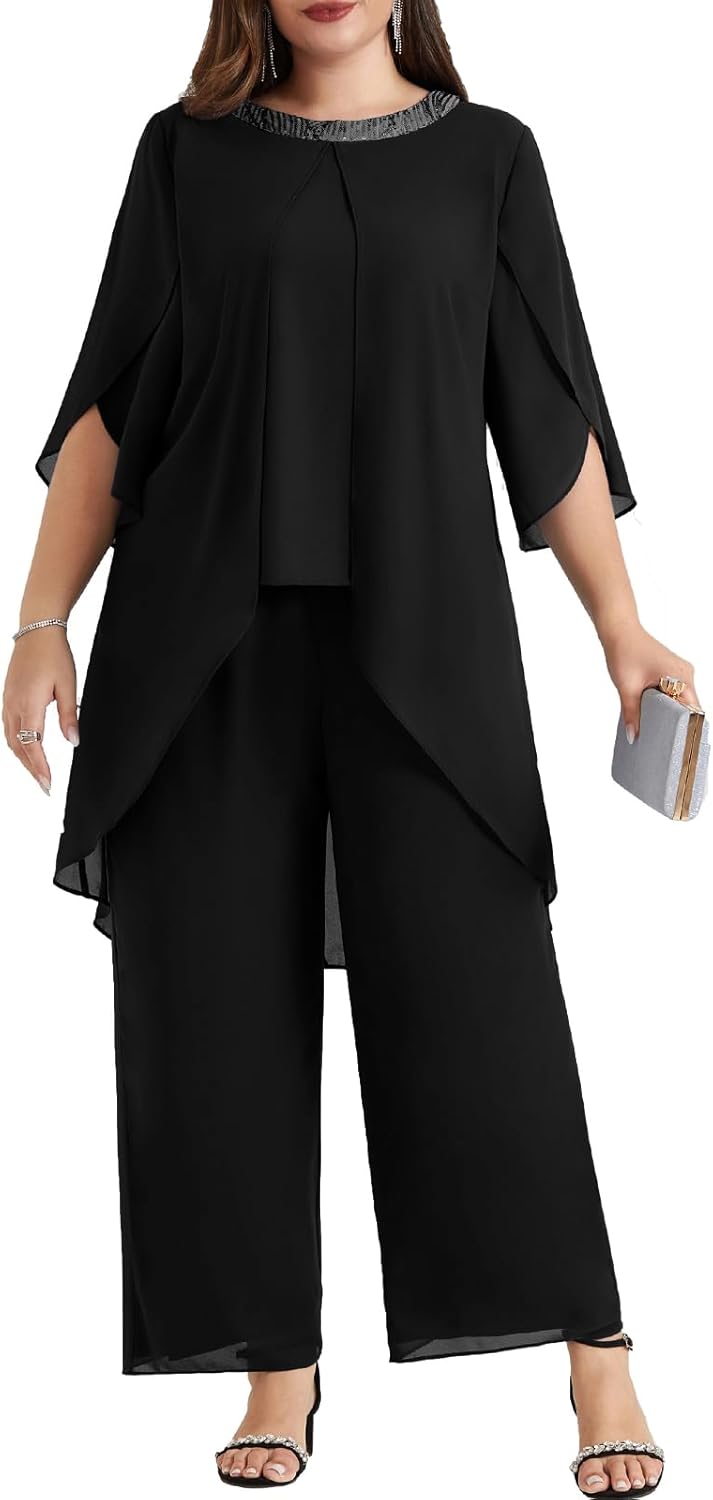 Hanna Nikole Plus Size Mother of The Bride Pant Suits 2 Piece Chiffon Sets Dressy Wedding Guest Outfit with High Low Hem
