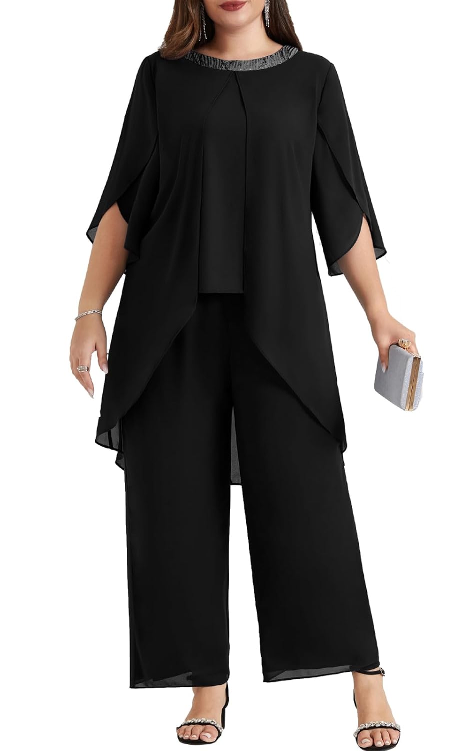 Hanna Nikole Plus Size Mother of The Bride Pant Suits 2 Piece Chiffon Sets Dressy Wedding Guest Outfit