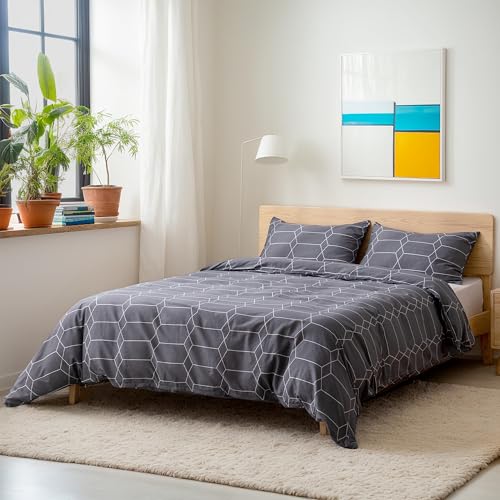 Image of TOCOMOA Plaid Duvet Cover Set 100% Natural Cotton Soft Comfy Breathable 3 Piece Grey and White Pattern Printed Comforter Cover Bedding Set (Queen 90 inchx90 inch, Comforter Not Included)