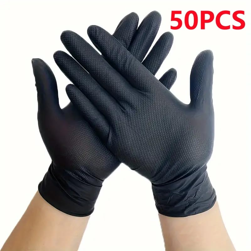Guantes industriales desechables de nitrilo naranja 8 milésimas grosor con textura diamante, resistentes, for tatuajes, seguridad mecánica, 50/30 unidades(Diamond Black 50PCS,XL)