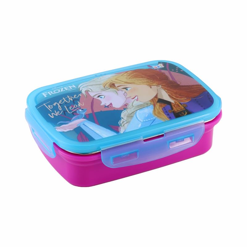 Image of SKi Homeware SnapLock Lunch Box for Kids with Stainless Steel Removable Inner Container +125ml dabbi + Spoon | Leak Resistant | Genuine Character Merchandise | Perfect for Birthday Gifts- Frozen