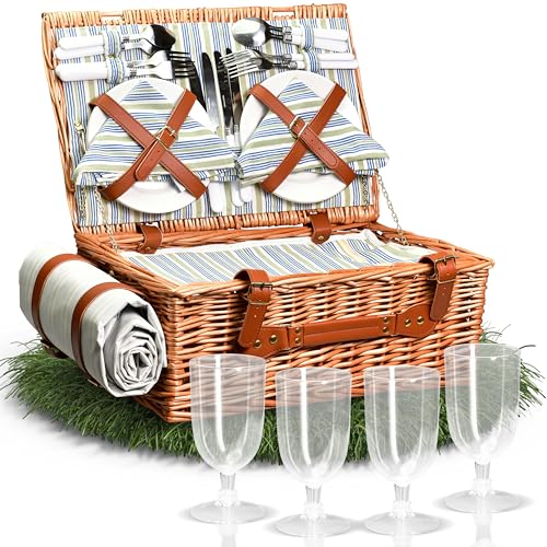 LECURE Picknickkorb 4 Personen [inkl. Kühltasche] - 25-tlg. Picknick-Set mit handgefertigtem Weiden-Korb [44x31cm] Geschirr Besteck & wasserfester Picknickdecke