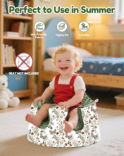 Image of BOMOLOUR Seat Cover Compatible with Bumbo and Nuby Seat, Removable Breathable Baby Floor Seat Cover for Boys and Girls, Seat Not Included (Green Butterfly)