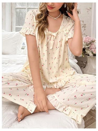 Verdusa Women's 2 Piece Pajama Sets Floral Print Puff Sleeve Bow Front Square Neck Short Sleeve Top and Pants Pajama Set4