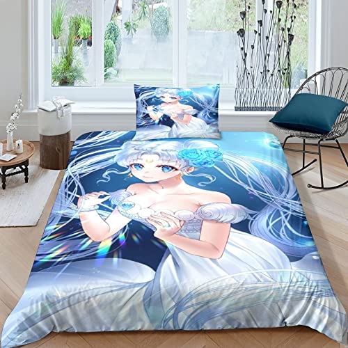 Sailor Moon Juego De Edredón Ropa De Cama, Anime Cartoon Juego De 2 Piezas Funda Nórdica Ropa De Cama De Funda De Edredón Fundas De Almohada con Cierre De Cremallera Single（135x200cm）