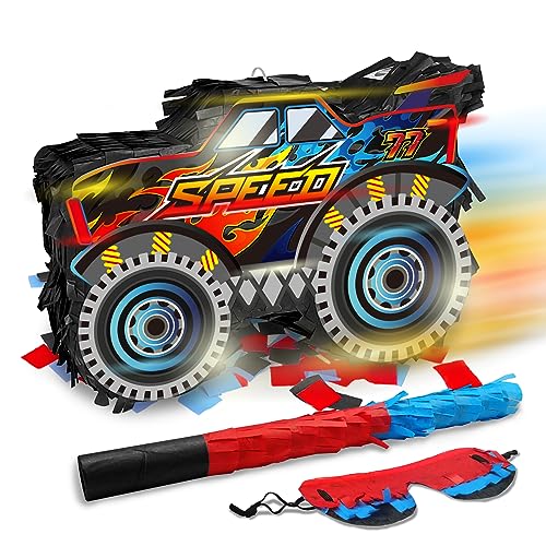 Monster Truck Pinata Car with Stick and Blindfold for Boys' Birthday Party Decoration