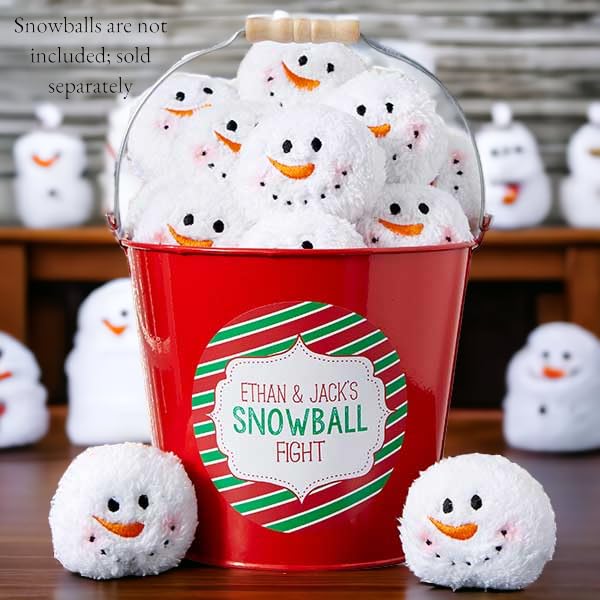 Personalization Universe Snowball Fight Metal Bucket - Customizable for Indoor Snowball Fights, Ideal for Holiday Decor and Parties, Kids Winter Gifts - Red