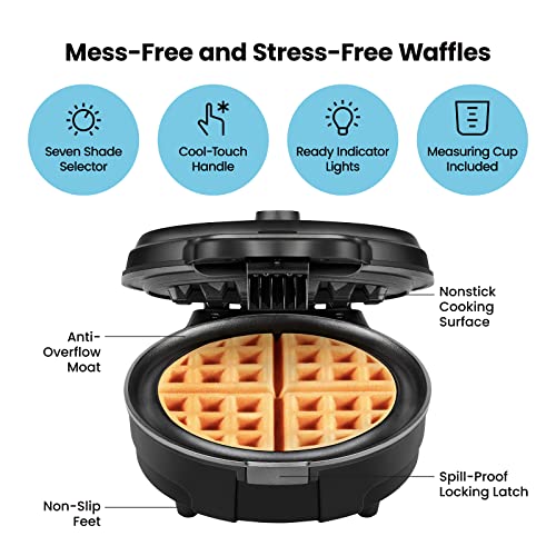 Chefman Anti-Overflow Waffle Maker, Belgian Waffle Iron With Seven Crunch Selector Settings, Mess-Free Moat Catches Excess Batter, Nonstick Electric Single Griddle Mold Makes 6-Inch Round Waffles #TOP1