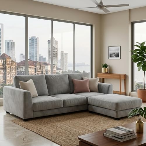 Image of FURNY Revona 4 Seater L Shape Sofa Set with Movable Ottoman | Flexible Left or Right Layout | Plush Velvet Fabric (Light Grey) | Perfect for Living Room, Guest Room & Office