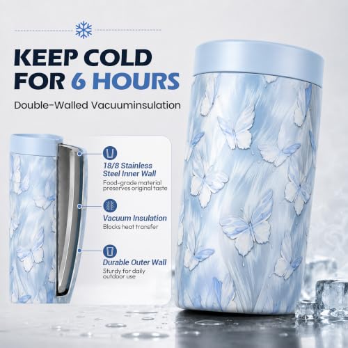 Image of 4-in-1 Slim Can Cooler Easy to Hold Insulated Beer Can Holder Double-Walled Stainless Steel for All 12 Oz Cans Blue Butterfly