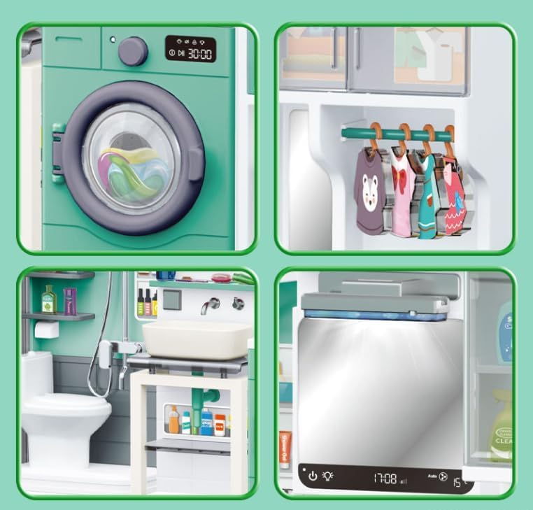 Daji 4-in-1 Bathroom & Laundry Room Toy Set - Mini Washing Machine, Shower, Toilet & Cleaning Accessories for Kids | Realistic Pretend Play Home Set (Multicolor)(4door) 4