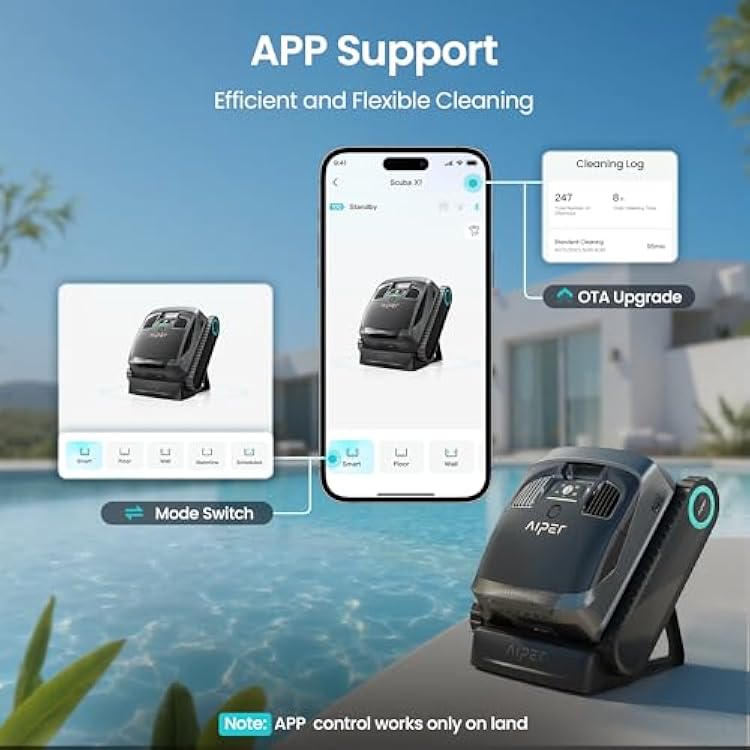 AIPER Scuba X1 Cordless Pool Robot with Powerful Suction, Double Filtration and Wireless Charging Dock, Floor/Wall/Waterline Cleaning, 185 Mins Runtime for Above & In-Ground Pools, Dark