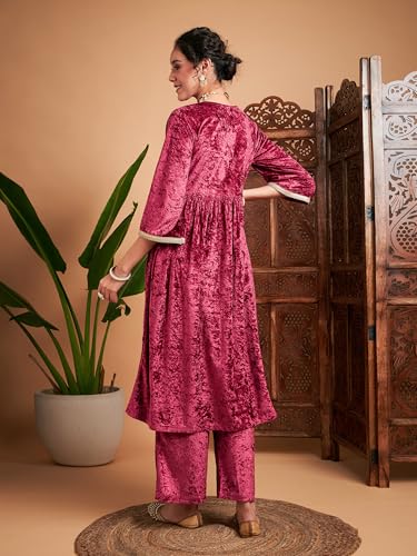 Image of Women's Velvet Embroidered Gathered Kurta