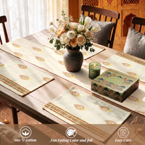 Image of Urban Space Festive Gift Set - Cotton Dining Table Runner with 4 Placemats & Scented Candle, 4 Seater Table Linen Set in Premium Gift Box, Diwali & Festive Home Decor Gift (Zari Buta Brown Gold)