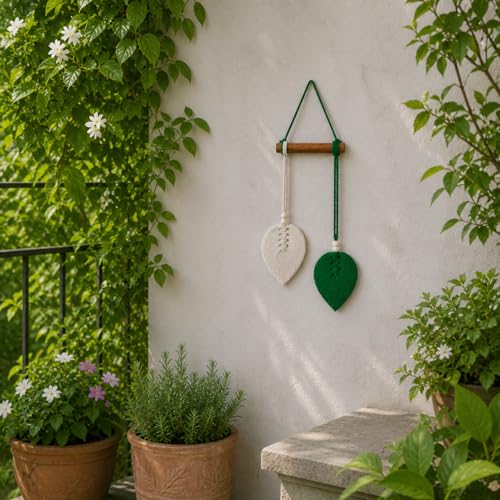 Image of AdFashionble Boho Macrame Wall Hanging Leaf Decor for Home, Living Room & Bedroom | Cotton Thread Art with Wooden Rod | Minimalist Handmade Wall Decoration | Aesthetic Nordic Wall Art for Home, Office & Gift Purpose Lenght- 58 cm Width- 15 cm (DARKGREEN & OFFWHITE)