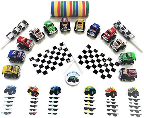 Monster Truck Party Favors (12 Pack)- Pull-Back Trucks, Flags, Rubber Bracelets, Tattoos, and Birthday Button