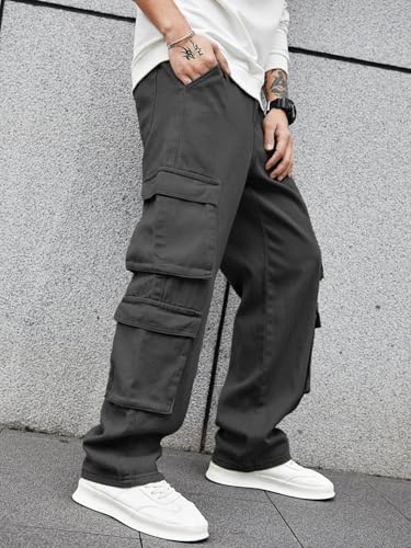 Image of Men's 8 Pocket Cargo Pants | Premium Cotton Twill Baggy Fit Trousers | Stretchable Casual Streetwear Cargos | Mid Rise