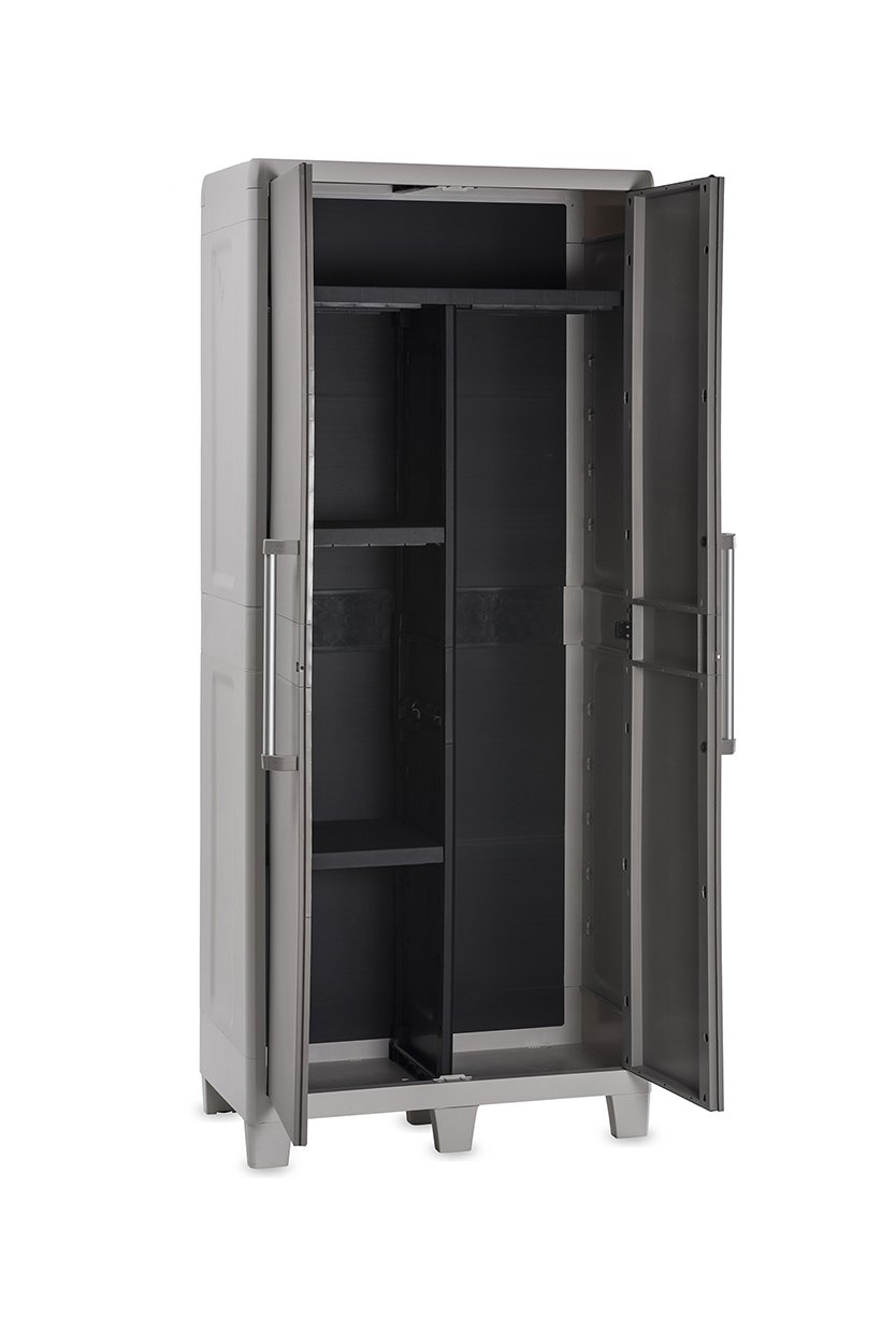 Toomax Armadio Portascope Urban XL 78x49x182h cm in plastica resistente effetto legno grigio chiaro/grigio tortora, 4 ripiani regolabili, piedini e predisposizione lucchetto, per ripostigli e garage