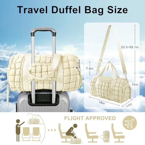 Image of Quilted Travel Duffle Bag Gym Bag for Women,Large Puffer Duffle Weekender Bag with Compartment,Workout Overnight Carry on Organizer Bag Duffle Bag for Airplane Travel(Off-white)