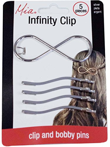 Mia Infinity Hair Clip Hair Accessory + Wavy Bobby Pins, Hair Pins, Shiny Silver Metal, Create Fashionable Criss-Cross Designs, for Women, Hair Stylists, Girls 5pcs