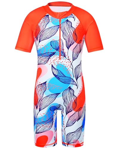 Image of TFJH E Short Sleeve Girls Swimsuits UV 50+ One Pieces Zipper 2-14Y | From beach vacations and pool parties to cruises and water parks, this colorful floral swimsuit is her summer favorite
