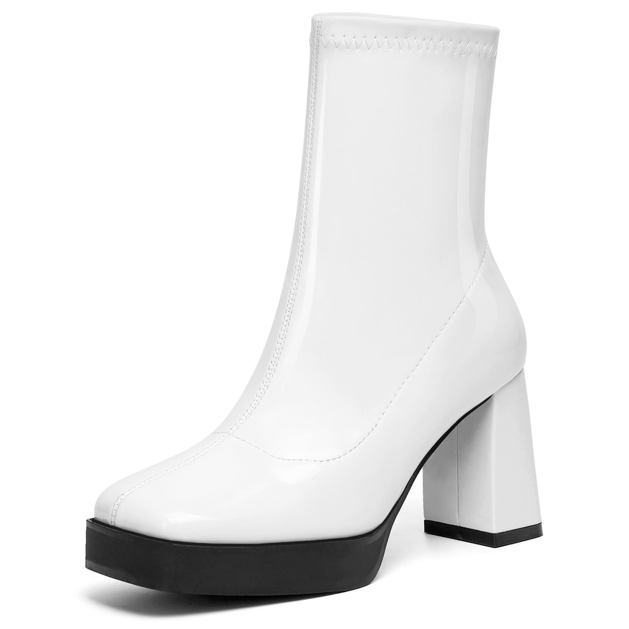 sexroslyGO GO Boots for Women Mid Calf Platform Boots Go Go Boots Square Toe Block High Heel Booties Slip On Disco Dressy Patent Leather Boot