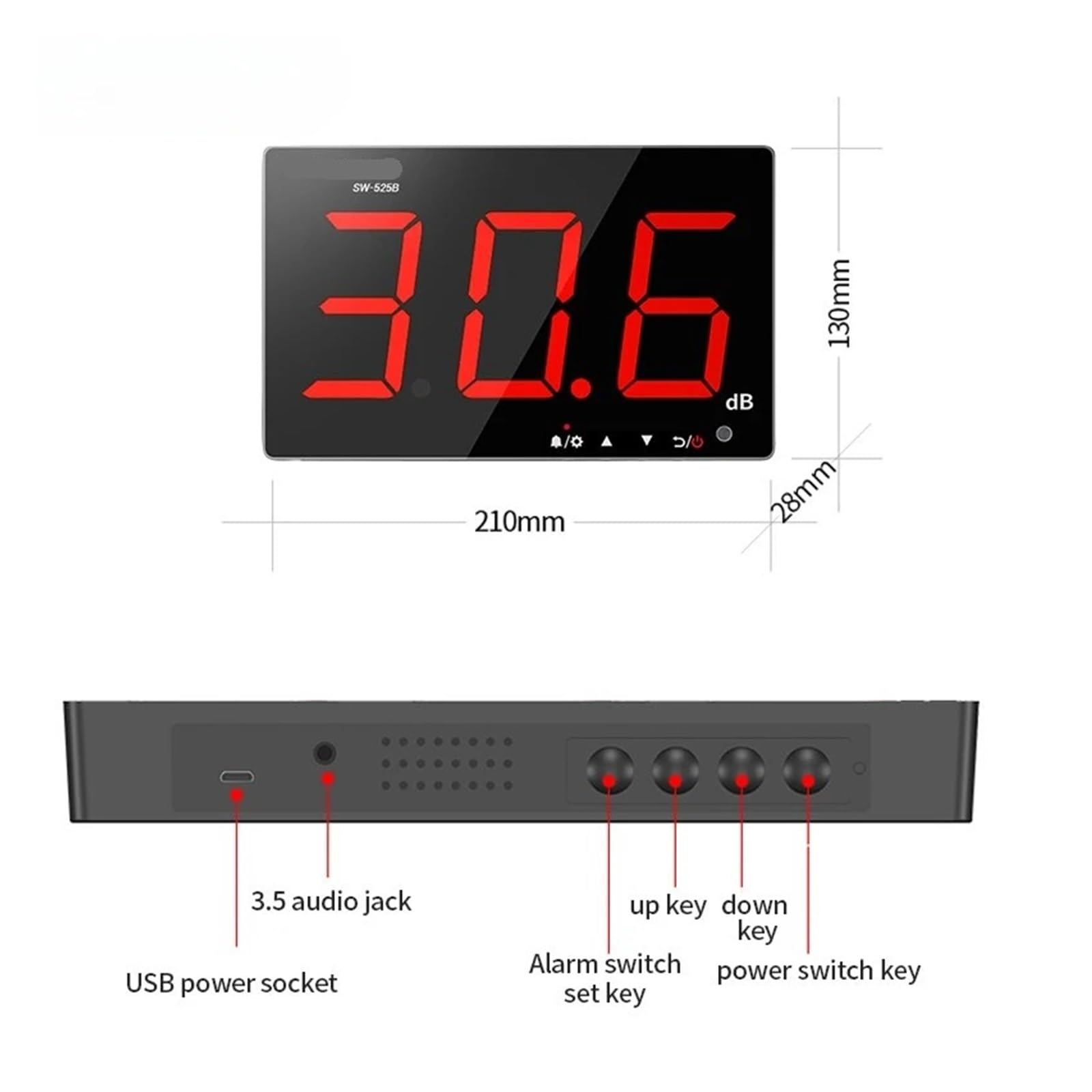Sonómetro Digital Sw-525 De 30-130 Db, De Pared, con Detector De Decibelios, Profesional (Sw 525A)