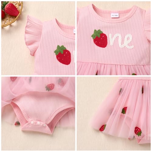 ODASDO Baby Girl 1st Birthday Cake Smash Outfit Flutter Sleeve Romper Dress with Bowknot Headband Set4