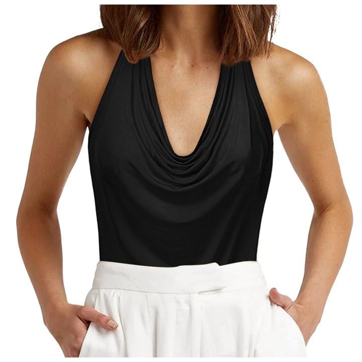 Generisch Camiseta sin mangas para mujer con escote casual con frente drapeado sexy sin espalda blusa de mujer escote profundo, Negro , L