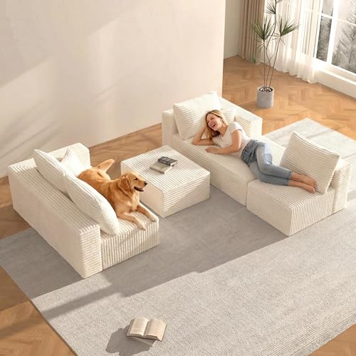 Image of 118 inch U-Shaped Modular Sectional Sofa, Soft Corduroy Cloud Couch with Chaise & Ottoman, Comfy Boneless Couches for Living Room,No-Assembly,Beige (Right Facing Chaise)