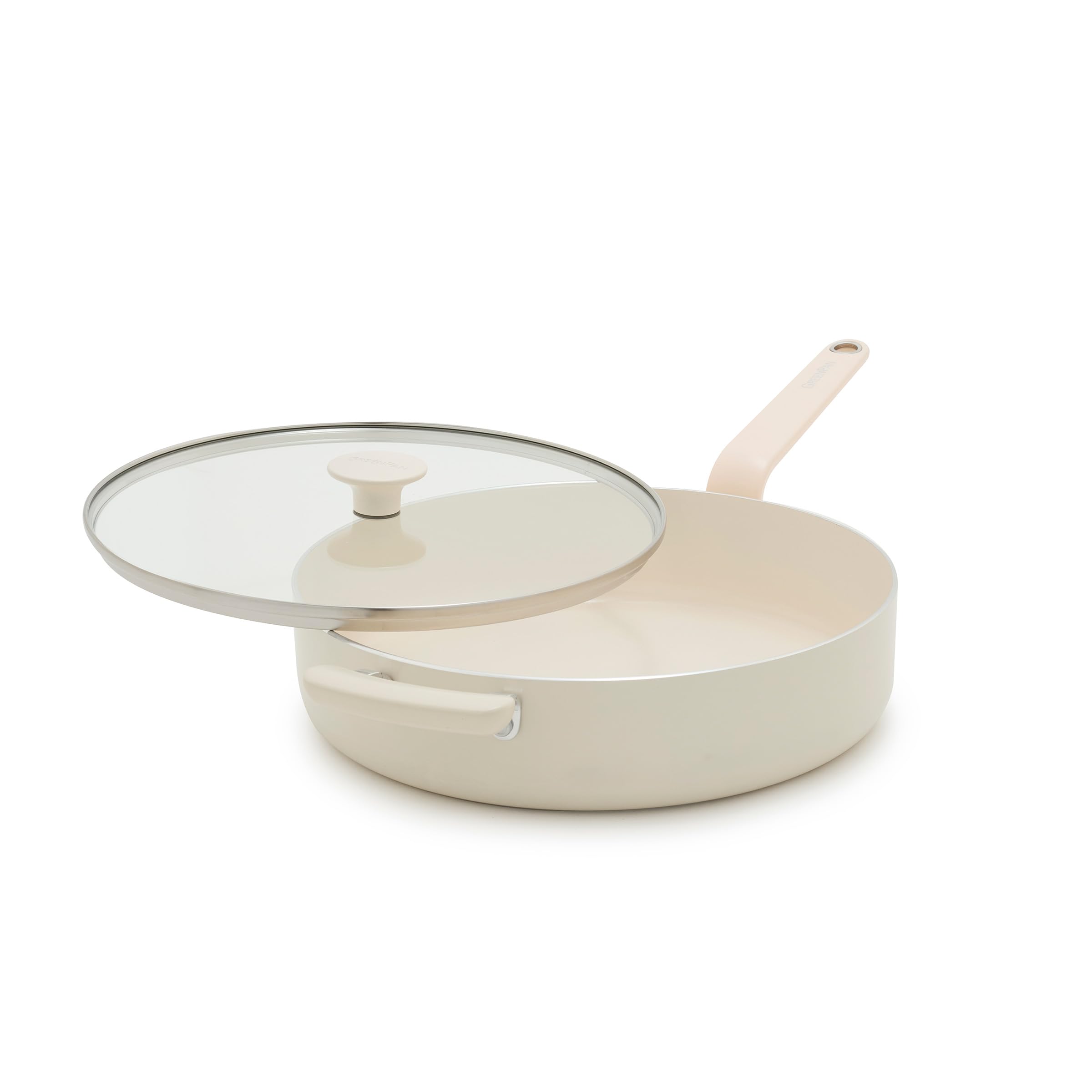 GreenPan Rio Advanced 5QT Saute Pan with Tempered Glass Lid, 5QT Ceramic Nonstick pan with Helper Handle, PFAS-Free, Induction Ready, Dishwasher and Oven Safe, Cream White